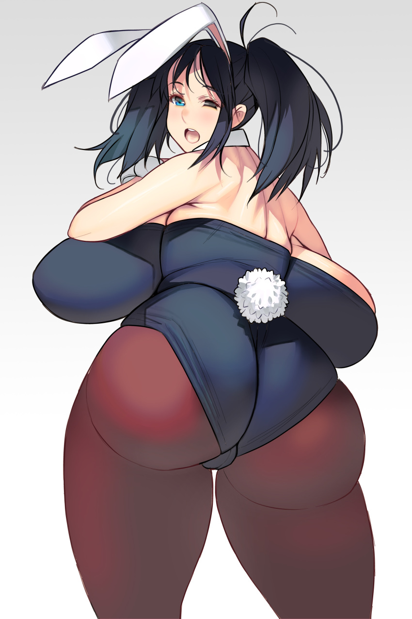 backboob big_ass big_breasts black_hair bunny_ears bunny_tail bunnysuit female female_only huge_ass huge_breasts looking_at_viewer looking_back masao massive_breasts open_mouth original pantyhose plump thick_thighs twintails wide_hips