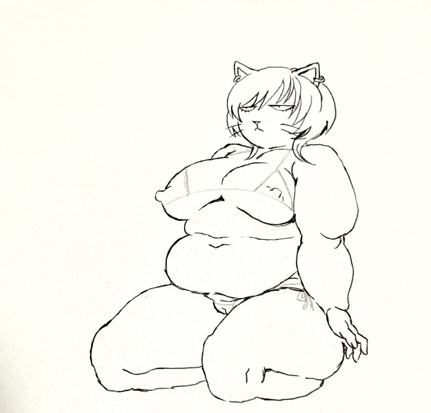 anthro belly big_belly big_breasts bikini black_and_white bored breasts cameltoe catti_(deltarune) clothing deltarune domestic_cat ear_piercing ear_ring felid feline felis female flabby_arms front_view frown hair half-closed_eyes hi_res kannoie kneeling mammal monochrome narrowed_eyes navel nipple_bulge obese obese_anthro obese_female overweight overweight_anthro overweight_female piercing pokies rough_sketch short_hair simple_background solo string_bikini swimwear thick_thighs three-quarter_view undertale_(series) video_games whiskers wide_hips