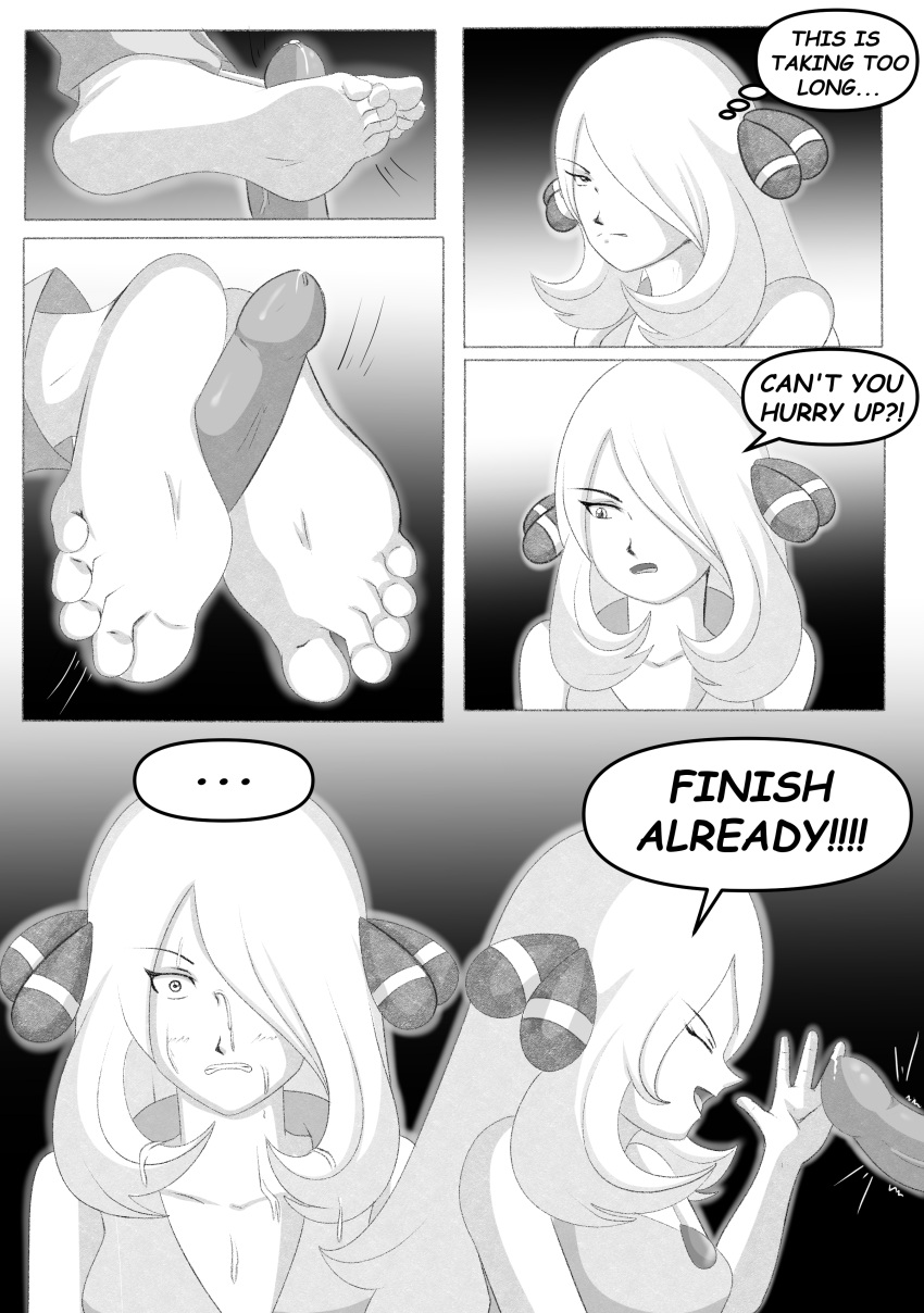 barefoot comic cynthia_(pokemon) dialogue feet female foot_fetish footjob mrff25 penis pokemon precum soles speech_bubble text toes