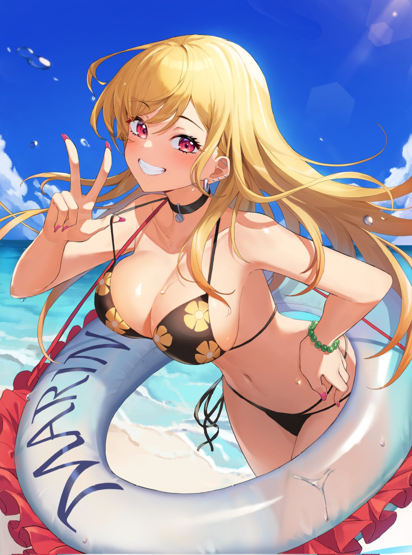 alternate_costume big_breasts blonde_hair breasts choker female gyaru kitagawa_marin lifesaver lipton2598 long_fingernails official_alternate_costume pointy_chin pool_toy smile solo sono_bisque_doll_wa_koi_wo_suru