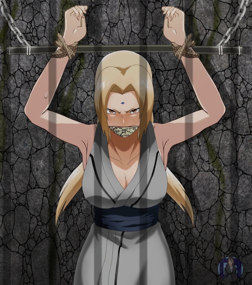 1girls blonde_hair bondage bossbb41 brown_eyes captured dangerous female female_only forehead_jewel fully_clothed gag gagged kidnapped milf naruto solo tsunade