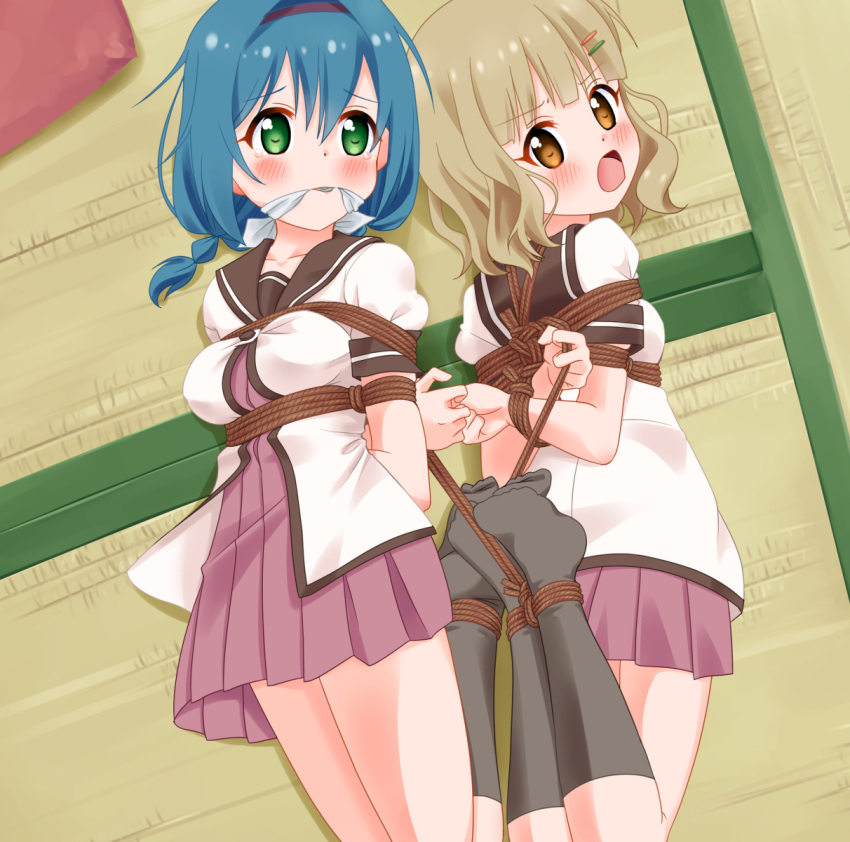 2girls arms_behind_back black_socks blonde_hair blue_hair bondage cleave_gag furutani_himawari gag green_eyes harness hogtie legs_tied multiple_girls oomuro_sakurako rope skirt tears yellow_eyes yuru_yuri yuruyuri