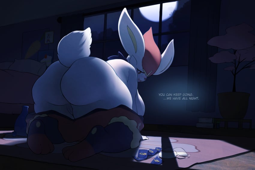 1girls absurd_res all_fours anthro ass back_view cinderace dialogue english_text female female_only full_moon indoors inviting looking_at_viewer looking_back moonlight narrowed_eyes night nintendo pants_down pokémon_(species) pokemon pussy shard_(artist) slightly_chubby solo solo_female talking_to_viewer thick_thighs voluptuous