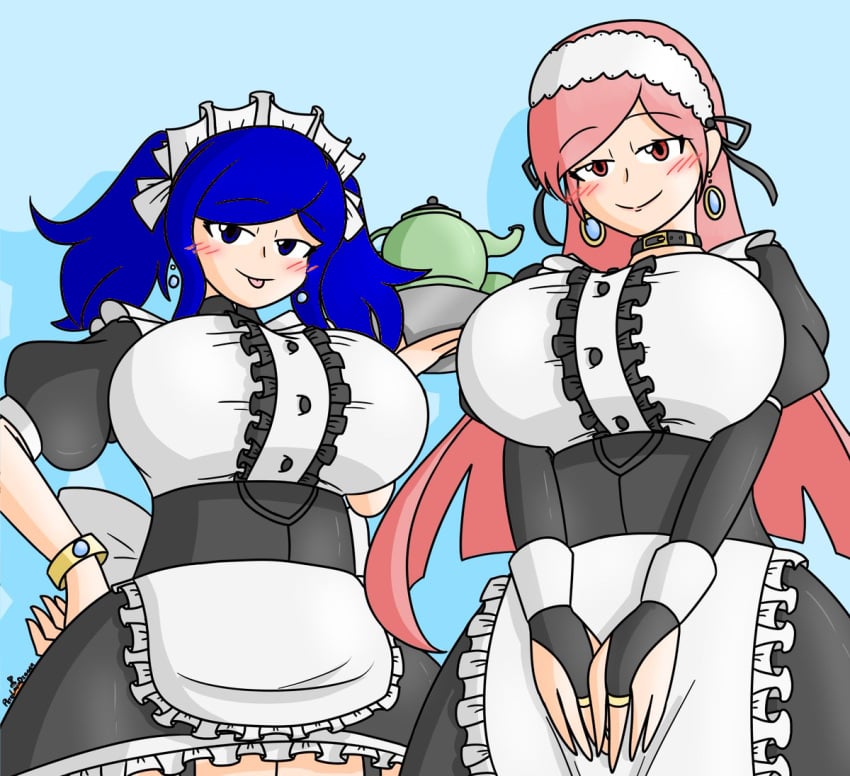 2girls alternate_costume alternate_eye_color alternate_hair_color apron big_sister blue_eyes blue_hair blush bracelet busty cherche_(fire_emblem) cynthia_(fire_emblem) dress earrings edit female female_only fire_emblem fire_emblem_awakening from_below huge_breasts kettle looking_at_viewer maid maid_apron maid_headdress maid_uniform milf naughty_face nintendo onee-chan petelewddigger photoshop pink_eyes pink_hair teapot third-party_edit tongue_out tray