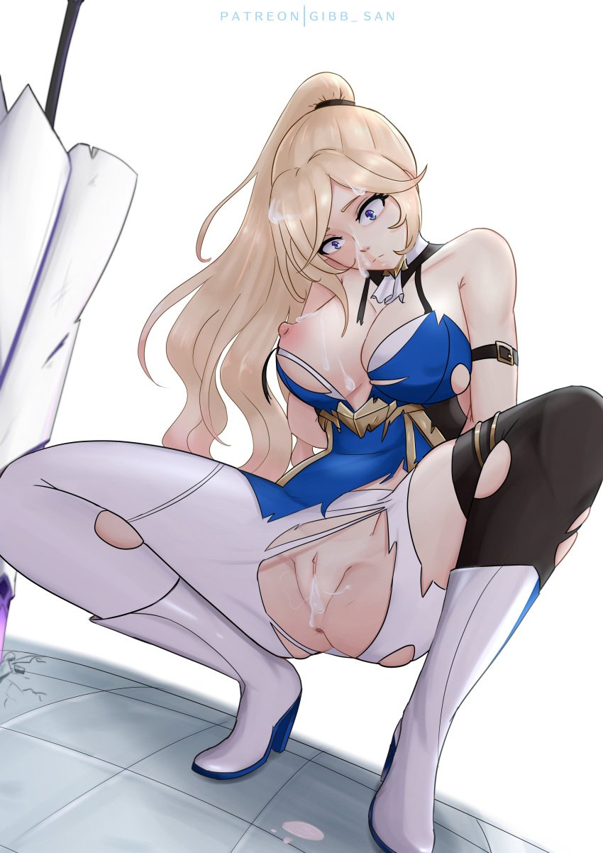 1girls after_sex big_ass big_breasts big_butt blonde_hair breasts breasts_outside clothed_female cum cum_drip cum_in_pussy cum_inside cum_on_body cum_on_breasts cum_on_face durandal_(honkai_impact) female gibb_san high_heel_boots high_heels honkai_(series) honkai_impact honkai_impact_3rd light-skinned_female light_skin long_hair nipples ripped_clothing shocked shocked_expression thick_ass thick_thighs waking_up