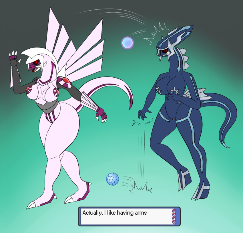 anthro dialga dialogue_box dragon duo female genitals gradient_background hi_res legendary_pokemon motion_lines nintendo nipples palkia pokémon_(species) pokemon pokemon_(species) pokemorph pussy rorrek scalie simple_background text video_games