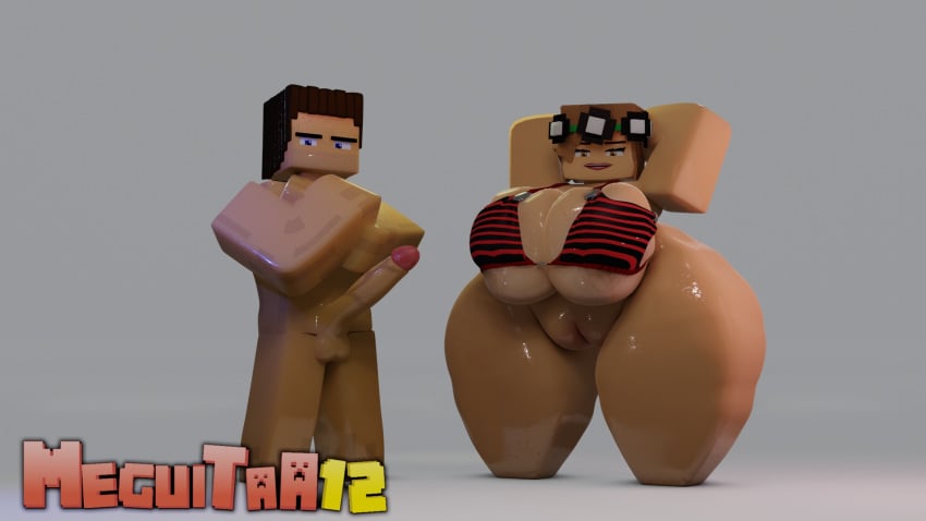 big_breasts big_thighs bra cerena_(mega12) mega12 minecraft pussy pussy_lips red_bra shiny shiny_skin steve(mega12)