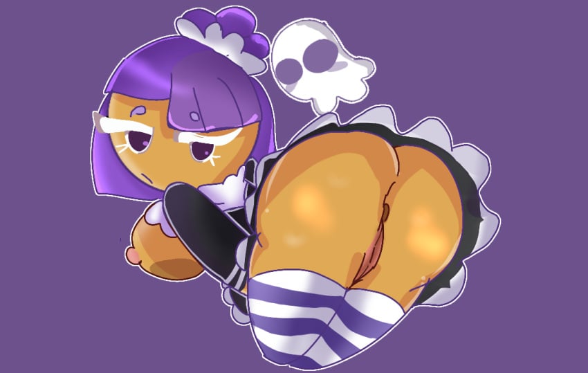 anus ass_focus blackberry_cookie cookie.lmao cookie_run cookie_run_kingdom cookie_run_ovenbreak exposed_ass exposed_breasts exposed_pussy female female_focus female_only ghost looking_at_viewer looking_back maid maid_dress neutral_expression nipples purple_background purple_eyes purple_hair pussy rear_view showing_ass simple_background solo solo_female stockings