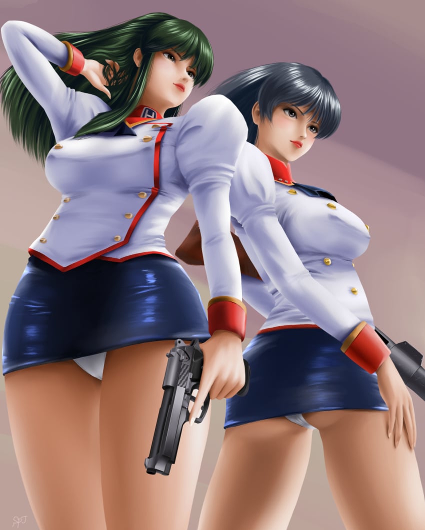 2girls adjusting_hair adjutant_(agent_aika) agent_aika artist_name artist_signature ascot ass beretta_92_(weapon) big_ass big_breasts black_hair blue_ascot boss_and_subordinate breasts crotch_seam curvy delmo delmo_commander delmogeny_uniform dress duo female green_hair gun hi_res high_resolution highres holding holding_gun holding_pistol holding_rifle holding_weapon huge_breasts human jacket juliet_sleeves large_breasts lips lipstick long_hair lovers makeup mascara matching_underwear microdress minidress multiple_females multiple_girls pale-skinned_female pale_skin panties pantyshot pantyshot_(standing) pistol rifle semiautomatic short_hair skirt spj_(artist) standing straight_hair thick_thighs tight_clothing tight_microdress tight_minidress touching_hair underwear uniform villainess weapon white_delmo white_panties white_underwear wide_hips yuri