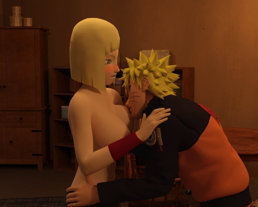 1boy 1boy1girl 1girls 3d age_difference big_breasts blonde_hair blue_eyes blush breast_grab breasts clothed_sex embarrassed female jacket licking_nipples male male/female naruto naruto_(series) naruto_shippuden nipples no_bra older_female oral samui shinteo skirt straight topless touching_breast uzumaki_naruto younger_male