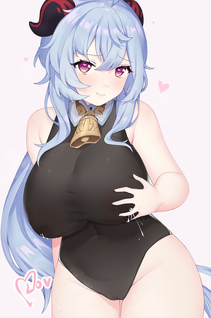 1girls big_breasts blue_hair breasts cowbell ganyu_(genshin_impact) genshin_impact goat goat_horns heart-shaped_pupils horn lactation leotard mika_(lovdere) milk naughty_face smile thick_thighs