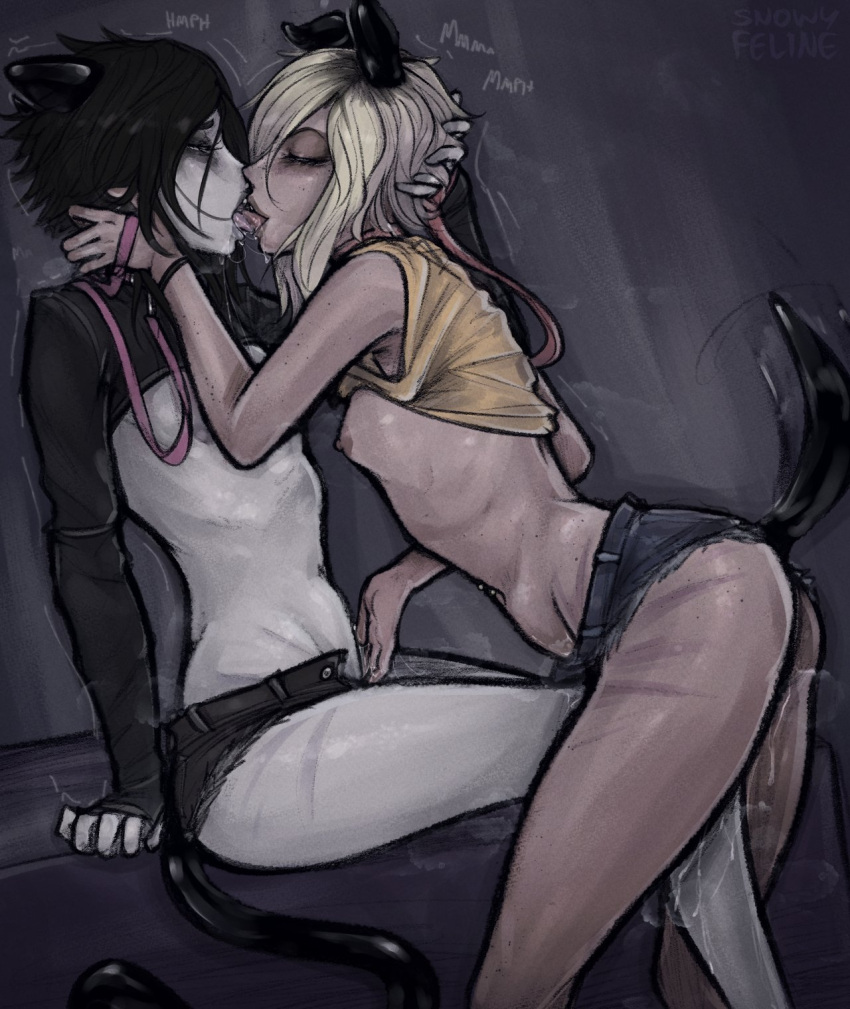 2girls areolae ass black_hair blonde_hair breasts female female_only goth kissing multiple_girls nipples open_mouth small_breasts snowyfeline tongue tongue_out yuri