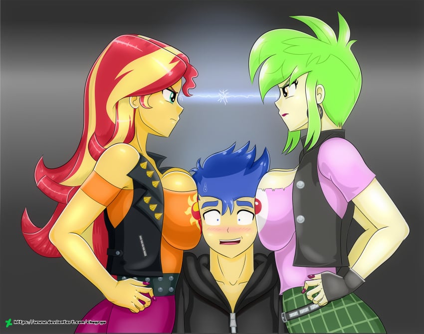 1boy 2girls big_breasts blush breast_smother breast_squish breasts cherry_crash_(eg) chuyryu equestria_girls female fighting_over_boy flash_sentry flash_sentry_(eg) friendship_is_magic green_hair hasbro head_between_breasts hi_res highres lightning_stare looking_at_each_other love_triangle male my_little_pony rivals staredown sunset_shimmer two_tone_hair