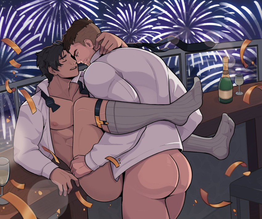 2boys alcohol anal anal_penetration anal_sex asian_male balcony black_hair black_hair_bottom bowtie brown_eyes brown_hair brown_hair_on_black_hair brown_hair_top champagne david_king dead_by_daylight domination fireworks gay geckobara hand_on_head hand_on_neck human human_only jake_park leg_lift leg_spread legs_held_open light-skinned_male light_hair_on_dark_hair light_skin loose_bowtie loose_clothes loose_necktie male male/male male_only mullet new_year new_year_2022 no_pants open_clothes open_shirt outside partially_clothed shirt_open sock_garters socks suit thigh_grab tie wine yaoi