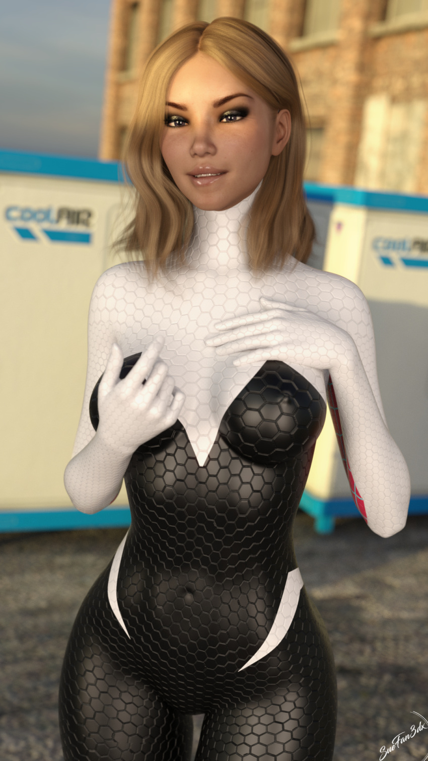 1girls 3d blaire_(suefantasy3dx) blonde_hair bodysuit breasts clothed clothing cosplay cute depth_of_field female female_only large_breasts looking_at_viewer nipple_bulge nipples_visible_through_clothing original original_character slushe_(website) solo solo_female standing suefantasy3dx superhero