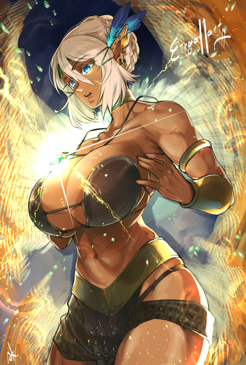 abs amazon blonde_hair blue_eyes bracelets brown_skin dark-skinned_female dark_elf earrings elf_ears feathers fillia_einhart gold_jewelry large_breasts muscles muscular muscular_female necklace original_character pointy_ears wings