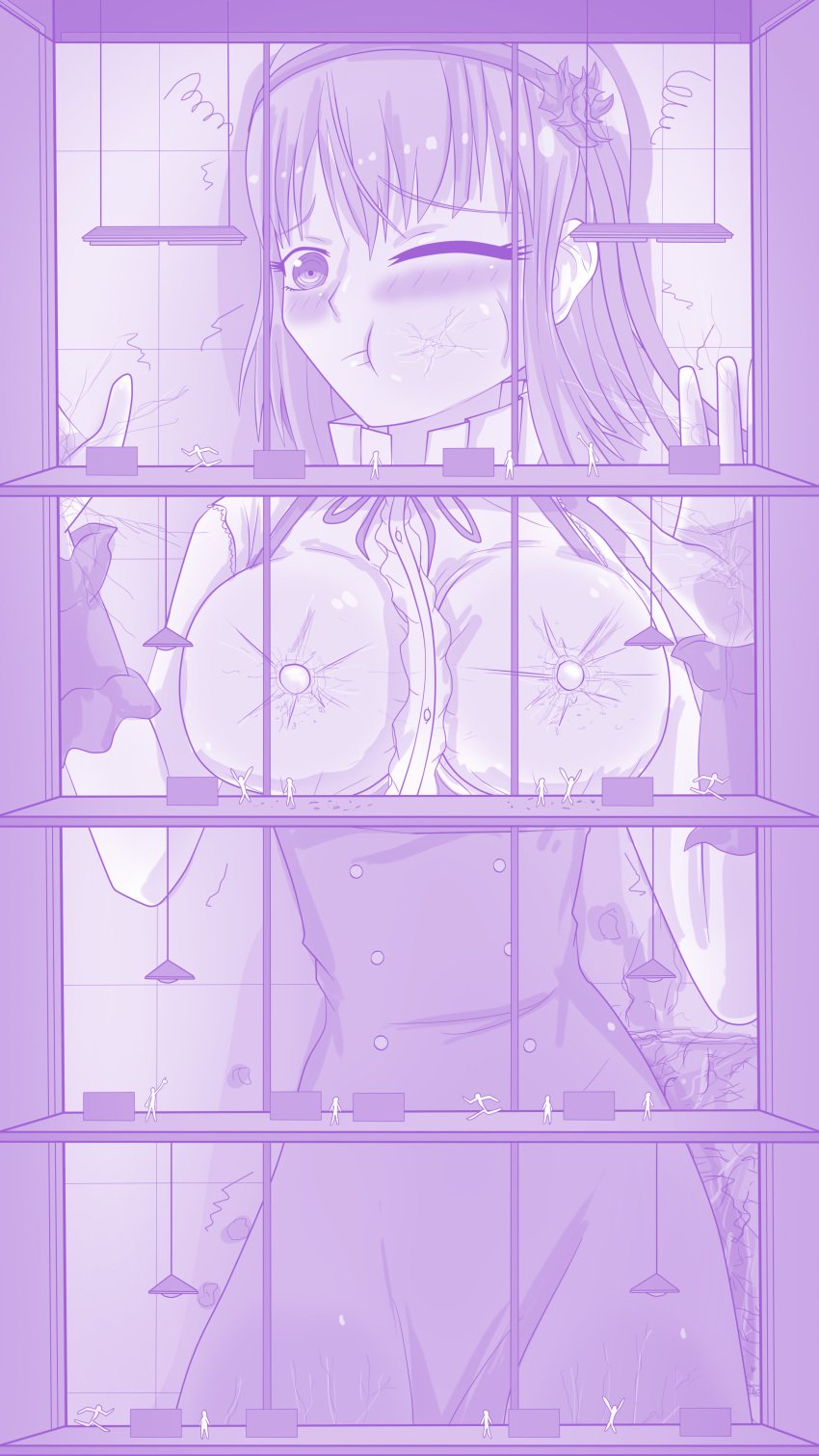 anime_style breasts breasts_against_glass breasts_against_wall breasts_against_window cheeks city dagashi_kashi drawing dungeon_ni_deai_wo_motomeru_no_wa_machigatteiru_darou_ka face_against_wall giantess hair jenny_secret long_hair macro macrophilia monochrome one_eye_closed pixiv pov purple_theme shidare_hotaru size_difference skirt skyscraper uniform window wink