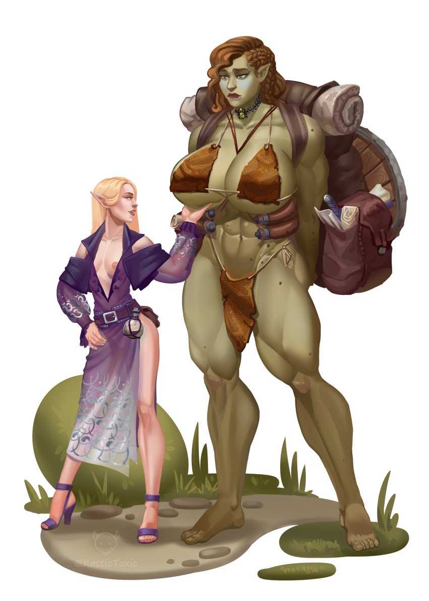 adventurer arms_behind_back backpack bag big_breasts breast_fondling breasts breasts_out breasts_out_of_clothes breasts_outside elf elf_female femdom femsub gear huge_breasts large_breasts loincloth makeup medium_breasts muscular_female muscular_sub orc orc_female pack_mule pony_gear ponygirl ponyplay size_difference slave small_dom_big_sub wahafagart water_skin wide_hips yuri