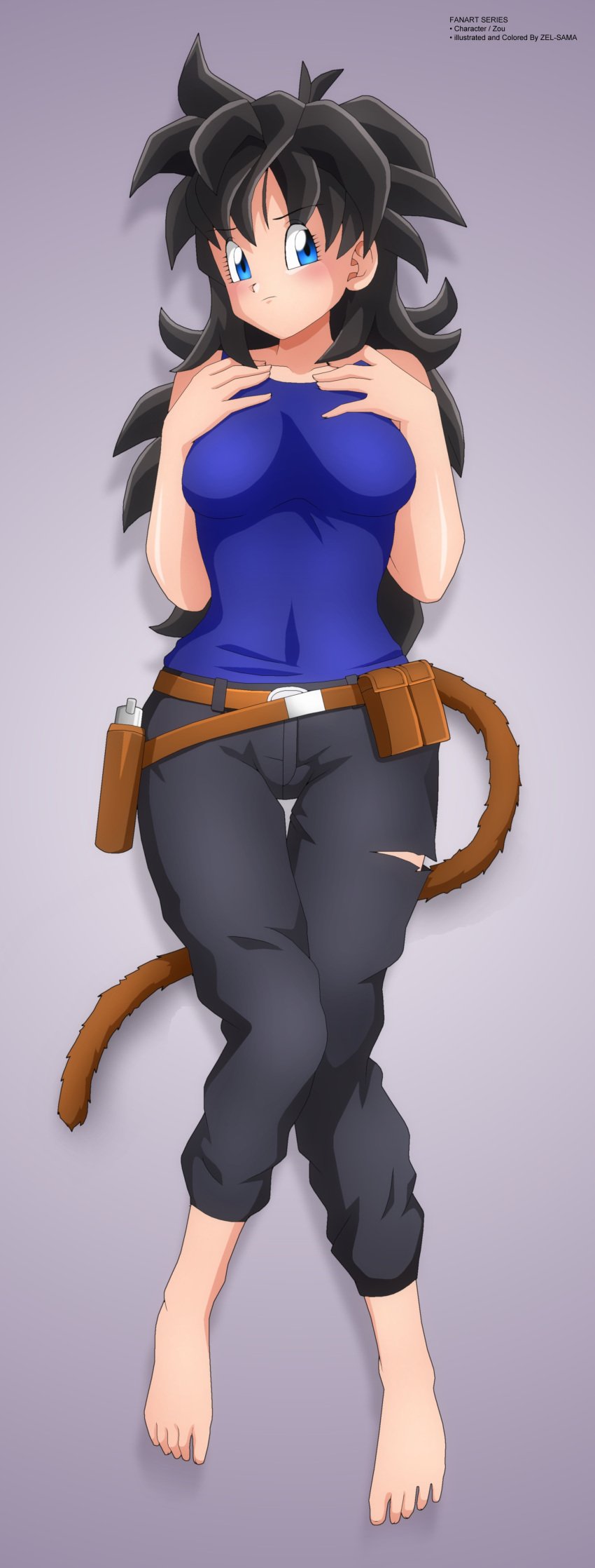 belts black_hair black_jeans black_pants blue_eyes blue_shirt blue_tank_top blush brown_belt commission commissioner_upload dragon_ball dragon_ball_xenoverse female female_only female_saiyan holster holstered_weapon jeans long_hair multiple_belts oc original original_character pouch pouches saiyan saiyan_tail shounen_jump solo solo_female tail tank_top torn_legwear zel-sama zou_(dragon_ball_xenoverse)