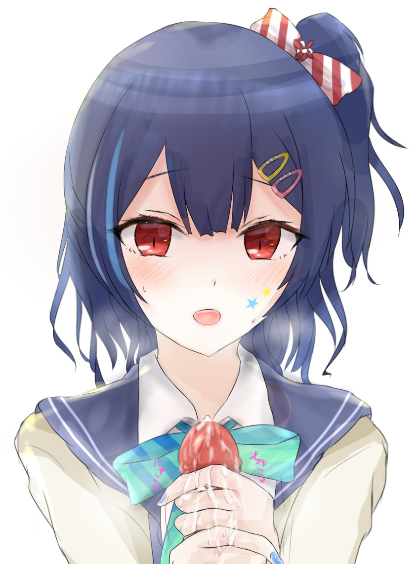 1boy bangs blue_hair blue_nails blue_ribbon blush bow censored cum cum_on_hands english_commentary eyebrows_visible_through_hair facial_mark female hair_between_eyes hair_ornament hairbow hairclip handjob heavy_breathing highres idolmaster idolmaster_shiny_colors kenzenchan18 long_sleeves looking_at_viewer medium_hair morino_rinze mosaic_censoring neck_ribbon open_mouth penis pov red_eyes ribbon school_uniform serafuku shiny shiny_hair side_ponytail simple_background solo_focus star_(symbol) star_facial_mark straight sweat white_background