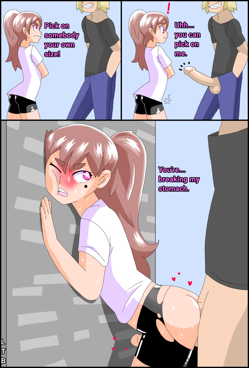 2boys against_wall anal anal_penetration big_penis bike_shorts brown_hair clothed_sex comic femboy fucked_from_behind gay lewderthanblue light-skinned_male light_brown_hair light_skin male_only mole_under_eye no_panties oc original outdoors outside pink_eyes ponytail ran(ltb) size_difference sweat thick_eyebrows torn_bike_shorts yaoi