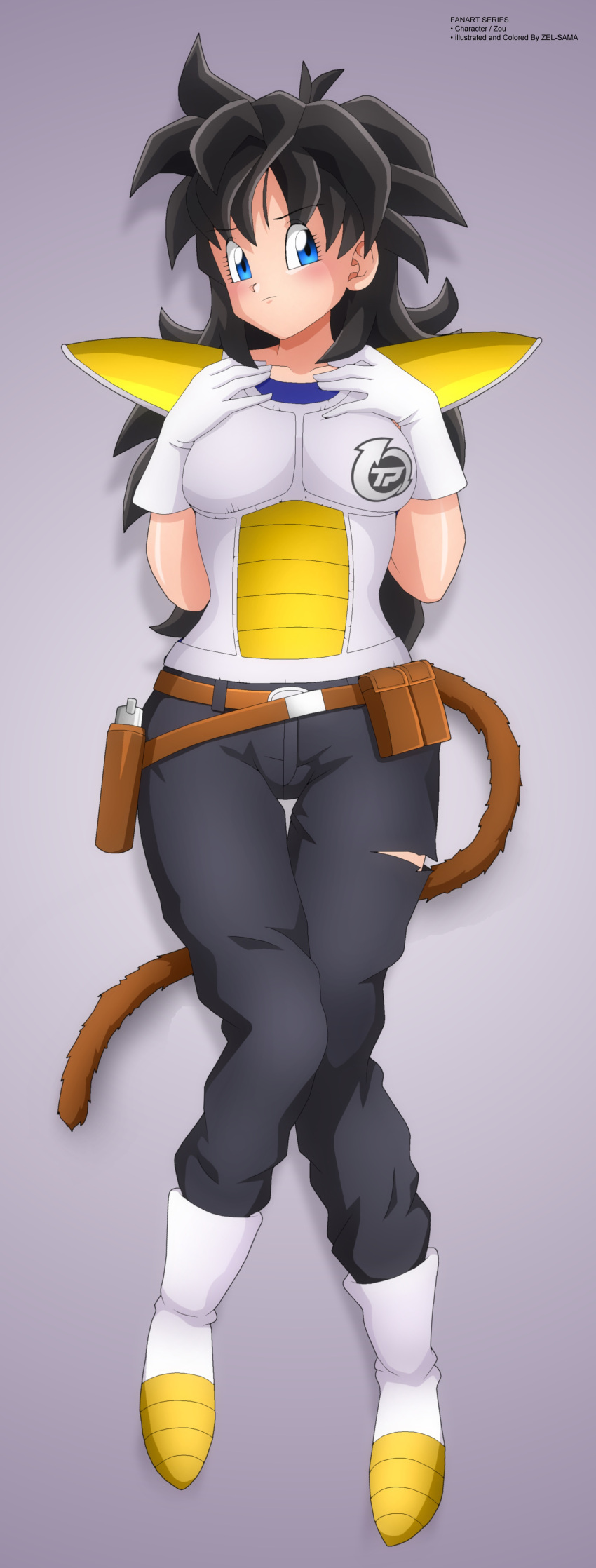 belts black_hair black_jeans black_pants blue_eyes blue_shirt blush boots brown_belt commission commissioner_upload dragon_ball dragon_ball_xenoverse female female_only female_saiyan gloves holster holstered_weapon jeans long_hair multiple_belts oc original original_character pouch pouches saiyan saiyan_armor saiyan_tail shounen_jump solo solo_female tail time_patrol_logo white_boots zel-sama zou_(dragon_ball_xenoverse)