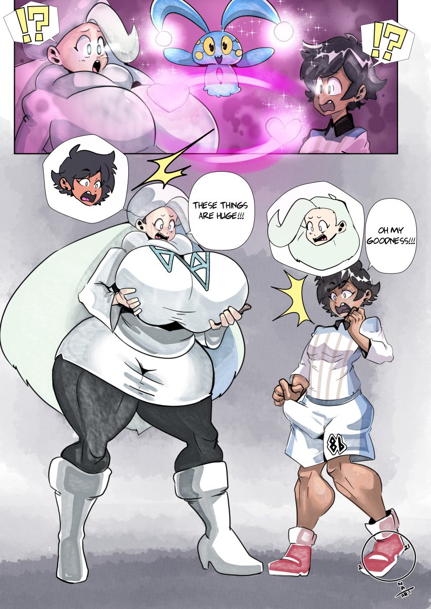 alternate_breast_size big_breasts black_hair body_swap breasts erection erection_under_clothes grabbing_own_breast huge_breasts manaphy melony_(pokemon) onat onatart pokemon pokemon_ss shocked shocked_expression sports_uniform surprised trainer victor_(pokemon) white_hair winter_clothes