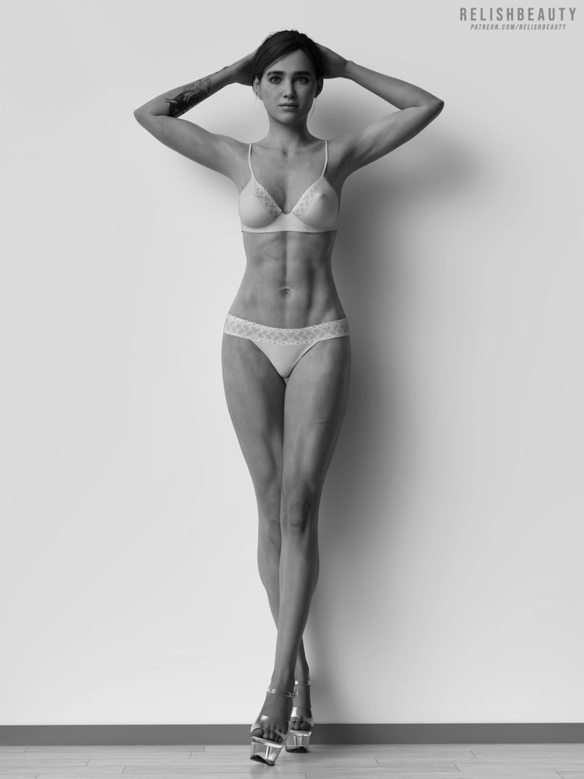 1girls 3d 3d_(artwork) abs athletic_female black_and_white bra ellie_(the_last_of_us) ellie_williams erect_nipples female female_focus female_only freckles heels hi_res high_heels lingerie looking_at_viewer naughty_dog nipple_bulge panties relishbeauty shoes short_hair solo solo_female sony_interactive_entertainment tattoo tattoo_on_arm tattooed_arm the_last_of_us the_last_of_us_2 toes toned_female white_bra white_lingerie white_panties