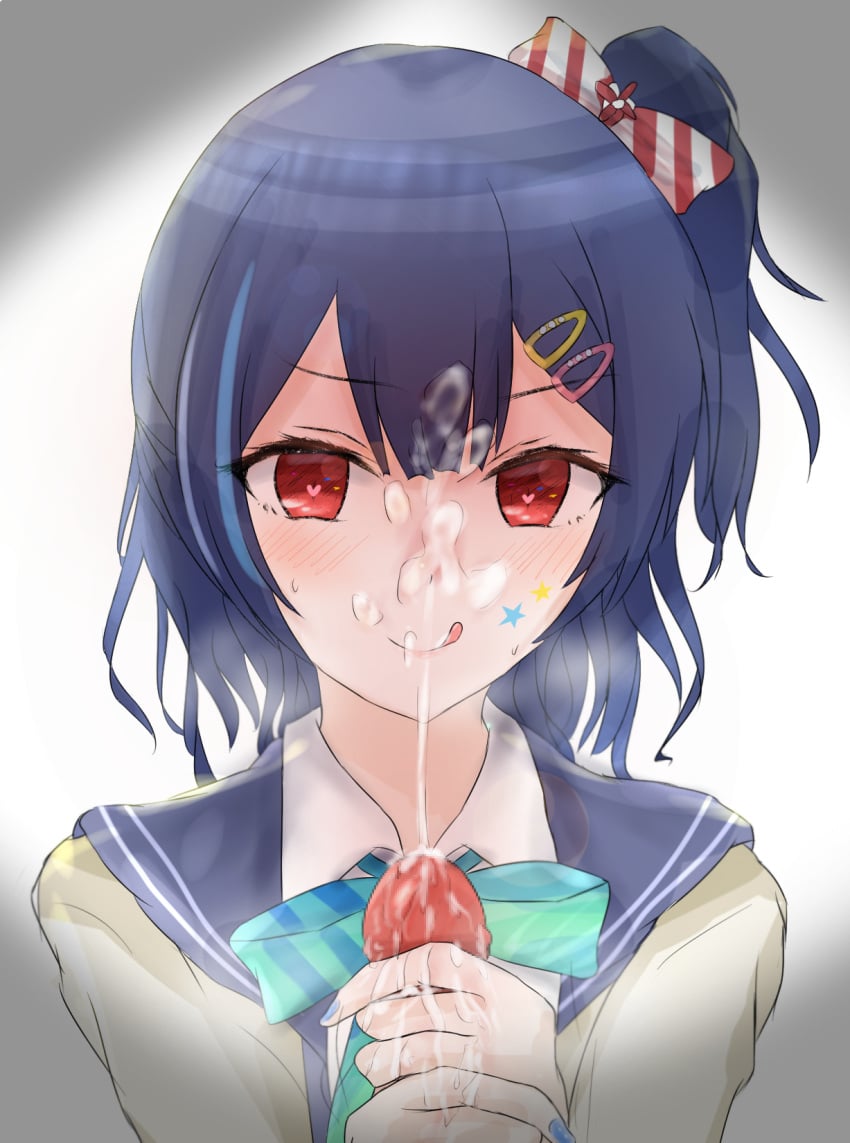 1boy :q bangs blue_hair blue_nails blue_ribbon blush bow censored cum cum_on_hands english_commentary eyebrows_visible_through_hair facial facial_mark female hair_between_eyes hair_ornament hairbow hairclip handjob heart heart-shaped_pupils heavy_breathing highres idolmaster idolmaster_shiny_colors kenzenchan18 licking_lips long_sleeves looking_at_viewer medium_hair morino_rinze mosaic_censoring naughty_face neck_ribbon penis pov projectile_cum red_eyes ribbon school_uniform serafuku shiny shiny_hair side_ponytail solo_focus star_(symbol) star_facial_mark straight sweat symbol-shaped_pupils tongue tongue_out