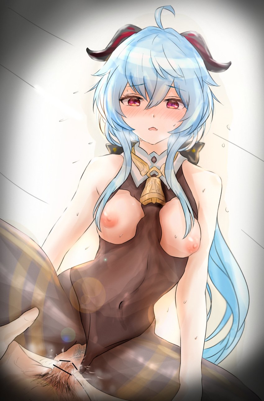 1boy ahoge bangs bar_censor bare_shoulders bell black_bodysuit blue_hair blush bodysuit breasts breasts_out censored covered_navel cowbell cowgirl_position cowgirl_position cum cum_in_pussy dutch_angle eyebrows_visible_through_hair female female_pubic_hair ganyu_(genshin_impact) genshin_impact goat_horns hair_between_eyes heavy_breathing highres horns kenzenchan18 long_hair looking_at_viewer male_pubic_hair medium_breasts multicolored_eyes navel neck_bell nipples nose_blush open_mouth orange_eyes penis pov pubic_hair red_eyes sex shiny shiny_hair skin_tight solo_focus straddling straight torn_bodysuit torn_clothes vaginal_penetration very_long_hair