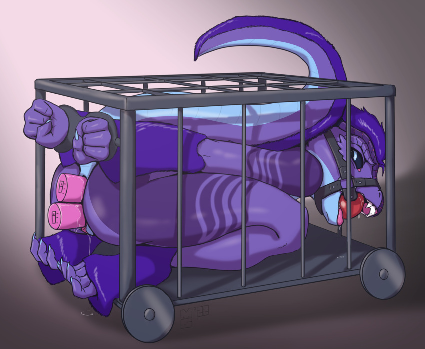 absurd_res anal anal_sex anthro bodily_fluids bondage bound cage cramped dragon embrya_(ransiel) female furry gag gagged genital_fluids genitals hi_res minnosimmins nude penetration purple_body purple_scales pussy pussy_juice ring_gag saliva scales sex_toy sex_toy_in_ass sex_toy_in_pussy sex_toy_insertion vaginal_penetration vibrator vibrator_in_ass vibrator_in_pussy