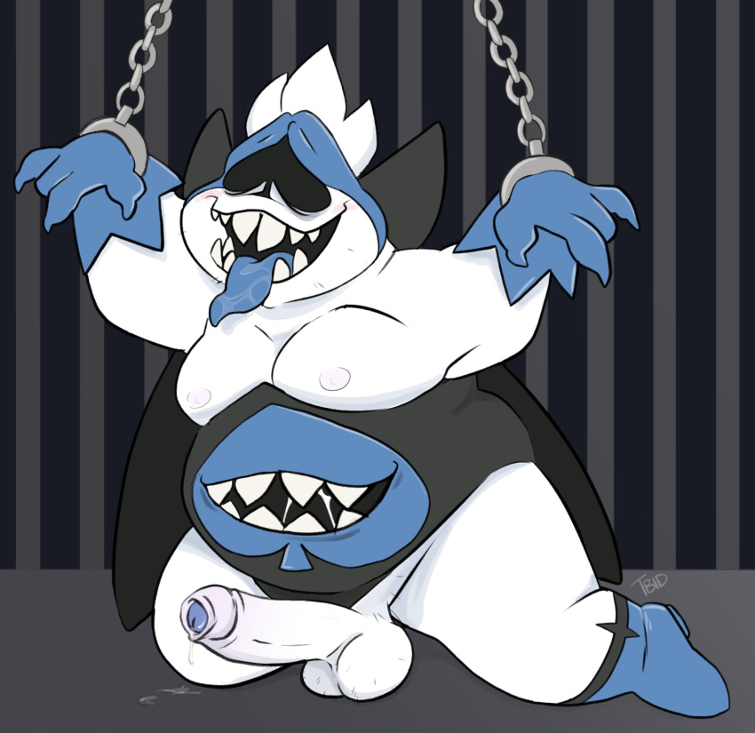 anthro balls belly bodily_fluids bondage chains deltarune erection foreskin genital_fluids genitals hi_res king_spade male male_only monster moobs nipples overweight pecs penis precum prison prisoner saliva solo stomach_mouth tbid tongue tongue_out undertale_(series) video_games