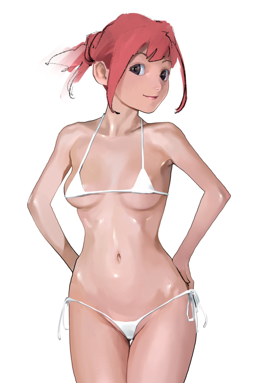 bikini breasts brown_eyes closed_mouth collarbone cowboy_shot female female hair_bun halter_top halterneck hands_on_hips highres inamitsu_shinji legs_together lips looking_at_viewer medium_breasts micro_bikini navel original red_hair short_hair side-tie_bikini simple_background smile solo standing stomach string_bikini swimsuit thigh_gap white_background white_bikini