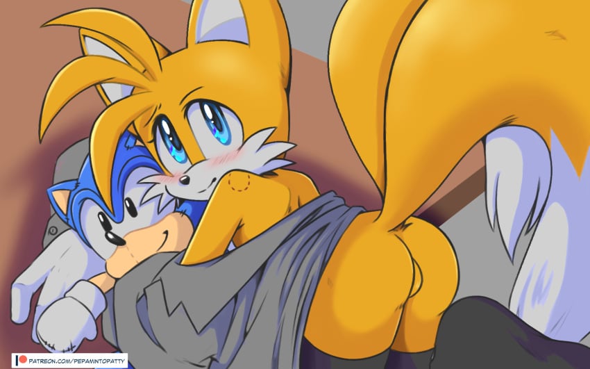 2021 2_tails anthro ass backsack balls bite_mark blue_eyes canid canine digital_media_(artwork) femboy fox fur gay genitals girly hi_res looking_back male mammal mostly_nude multi_tail pepamintop plushie sega sonic_(series) sonic_the_hedgehog sonic_the_hedgehog_(series) tails video_games yellow_body yellow_fur young