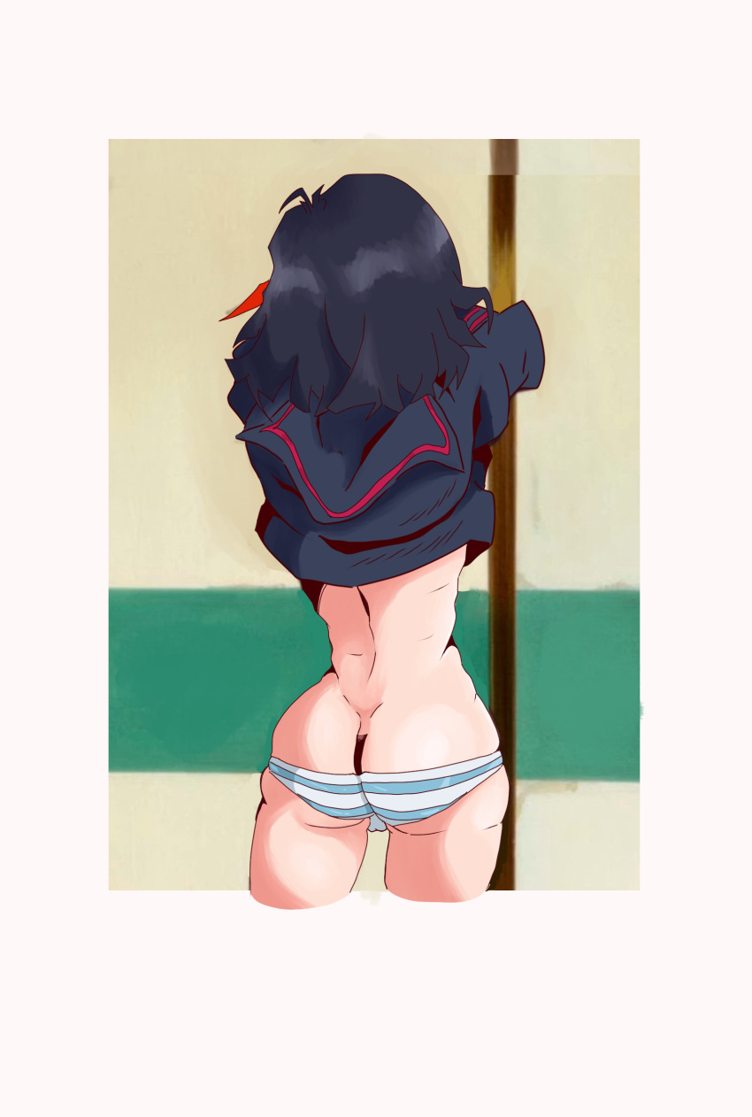 1girls ass ass_cleavage ass_focus big_ass big_butt black_hair blue_and_white_striped_panties bubble_butt butt_crack canon_panties dr.kote kill_la_kill matoi_ryuuko meme pale-skinned_female panties red_highlights ryukoredraw school_uniform shimapan shirt_lift short_hair skinny sole_female solo solo_focus undressing