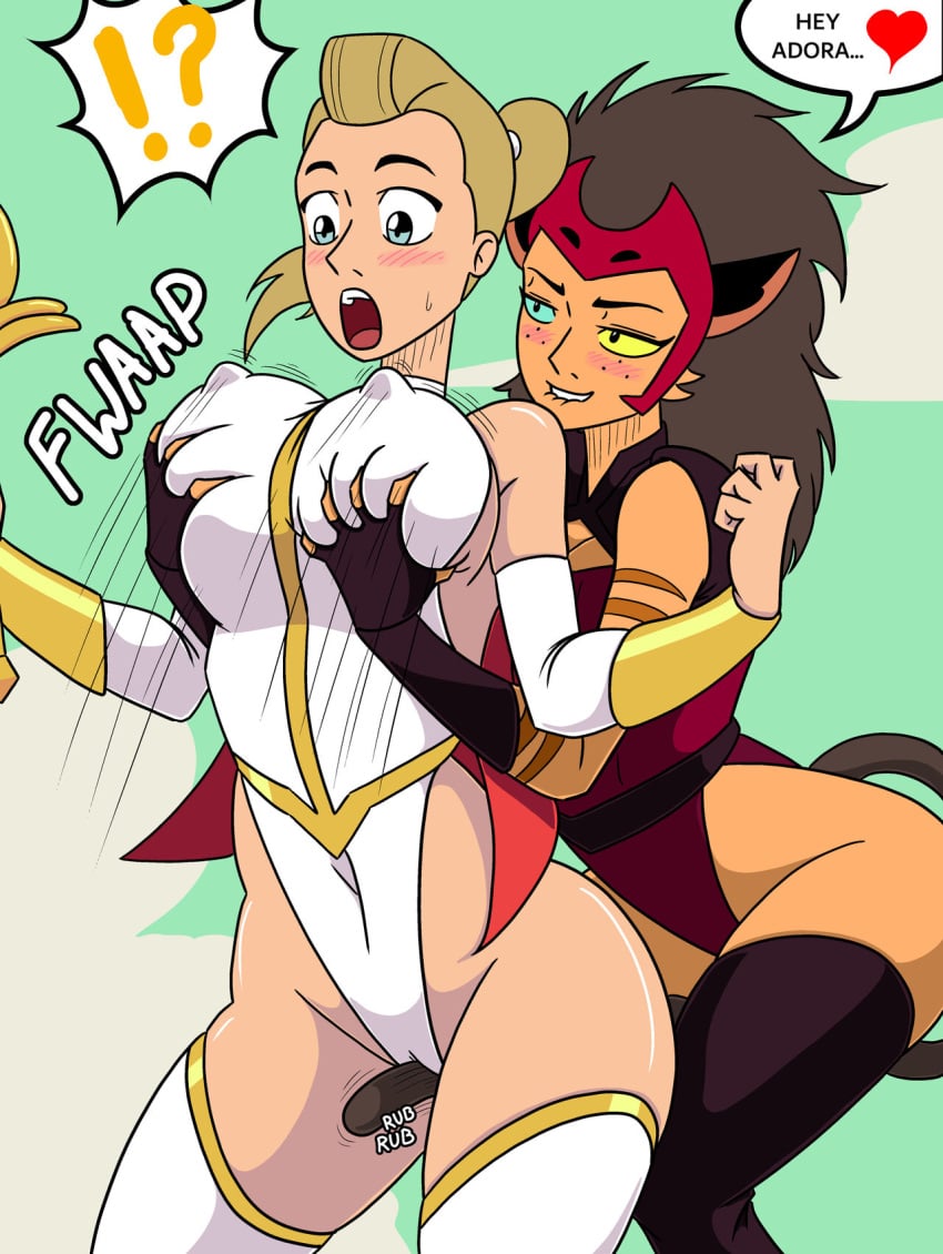 !? 2girls adora biting_lip blonde_female blonde_hair blue_eyes blush bodysuit boob_window bracer breast_grab brown_hair cameltoe canon_couple cape cat_ears catgirl catra clothing dialogue english_text female female_focus female_only heart heterochromia hourglass_figure large_breasts leotard looking_at_partner looking_down motion_lines multiple_girls open_mouth ponytail purple_thighhighs red_bodysuit she-ra she-ra_and_the_princesses_of_power shocked sound_effects speech_bubble sweat sword tail_rubbing tail_rubbing_pussy tail_stimulation text thathornybastard thick_thighs thighhighs weapon white_leotard white_thighhighs wide_hips yellow_eyes yuri