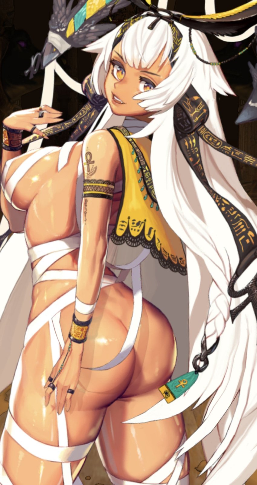 ankh bandages capelet cropped_image egyptian idle_angels jewelry long_hair looking_at_viewer looking_back nepthys official_art partially_clothed screenshot seductive seductive_smile white_hair yellow_eyes