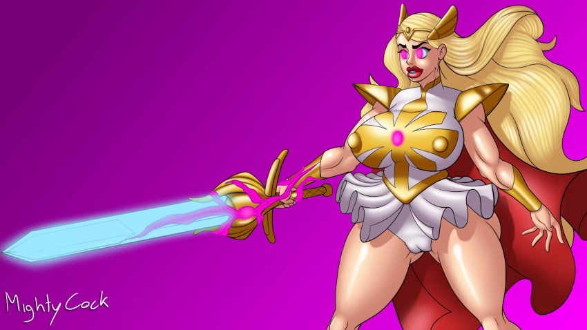 1girls 2010s 2019 adora armor artist_name bimbo bimbo_lips bimbofication blonde_female blonde_hair bracer brainwashing breasts breasts_bigger_than_head cameltoe cape corruption dress female female_focus female_only glowing glowing_eyes glowing_sword glowing_weapon huge_breasts hyper_bimbo hypnosis hypnotic_eyes lipstick long_hair makeup mightycock mind_control muscles muscular muscular_bimbo muscular_female nipples nipples_visible_through_clothing pauldrons pink_background pink_eyes pink_theme platinum_blonde_hair red_cape red_lips red_lipstick she-ra she-ra_and_the_princesses_of_power simple_background skirt solo solo_female sword thick_lips thick_thighs tiara very_long_hair watermark weapon white_dress white_skirt wide_hips