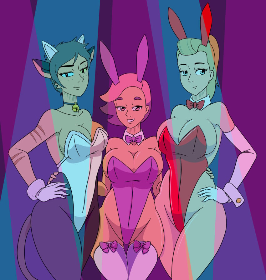 3girls adora bell bell_choker black_stockings blonde_female blonde_hair blue_eyes blue_light bowtie breasts brown_hair brown_tail bunny_ears bunny_girl bunnysuit cat_ears cat_tail catgirl catra choker cleavage female female_focus female_only glimmer_(she-ra) gloves heterochromia hourglass_figure large_breasts leotard long_hair looking_at_viewer looking_away looking_to_the_side pantyhose party pink_hair playboy_bunny ponytail presenting purple_bowtie purple_hair purple_leotard purple_light purple_ribbon red_bowtie red_bunny_ears red_bunnysuit red_leotard ribbon seductive seductive_smile she-ra_and_the_princesses_of_power short_hair smile smirk stockings straight_hair tail thathornybastard thick_thighs thin_waist two_tone_hair white_gloves white_leotard white_stockings wide_hips yellow_eyes