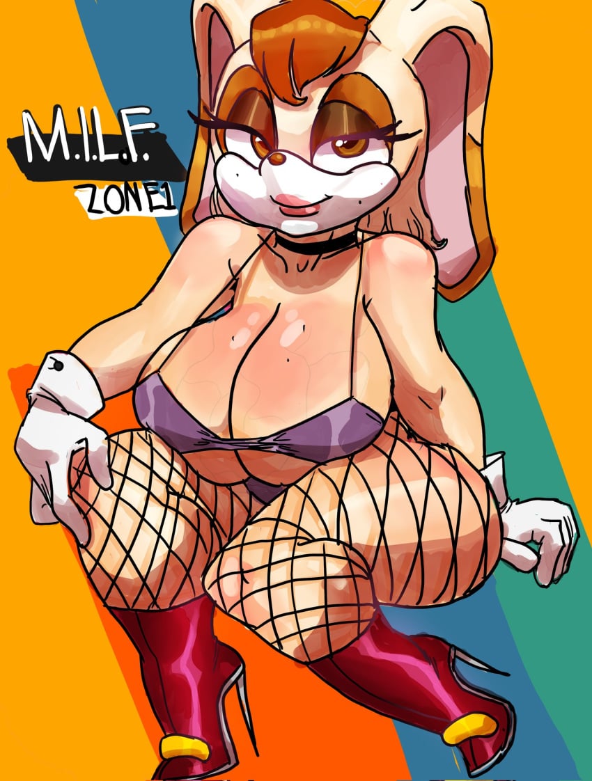 1girls anthro big_breasts bikini_top fishnet_legwear high_heels lipstick looking_at_viewer mature_female milf mother rabbit_humanoid seanmalikdesigns sonic_(series) sonic_mania sonic_the_hedgehog_(series) vanilla_the_rabbit