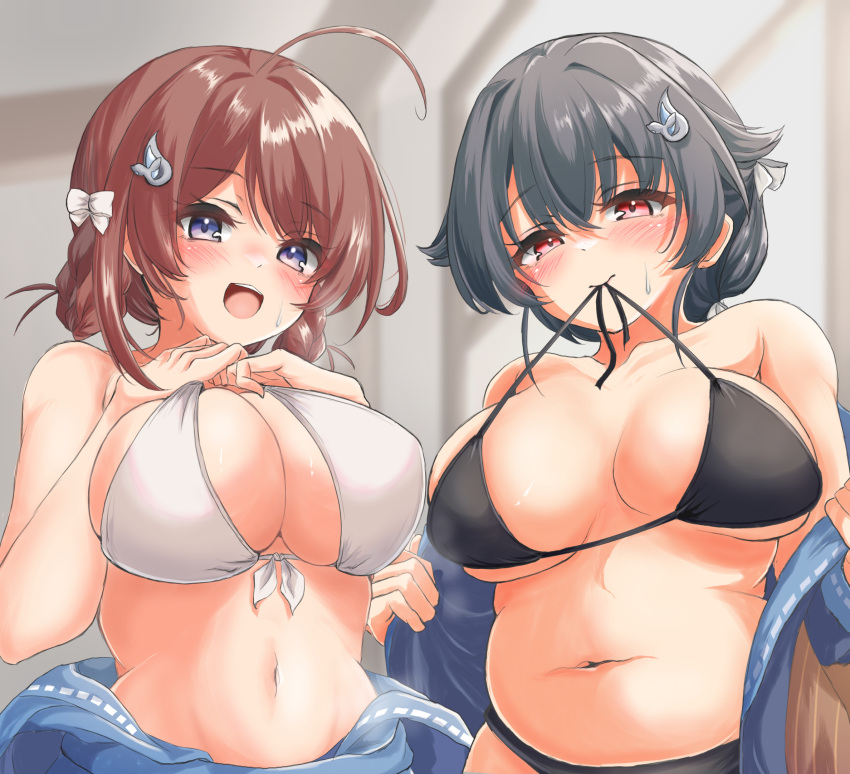 2girls ahoge bikini bikini_top_only bikini_under_clothes black_bikini black_hair blue_shirt braid breasts brown_hair brown_shawl chougei_(kantai_collection) chubby cleavage cowboy_shot female grey_eyes hair_flaps hair_rings highres jingei_(kantai_collection) kantai_collection kasashi_(kasasi008) large_breasts long_hair looking_at_viewer low_ponytail mouth_hold multiple_girls open_clothes open_shirt plump red_eyes shirt slightly_chubby swimsuit swimsuit_under_clothes twin_braids undressing upper_body white_bikini