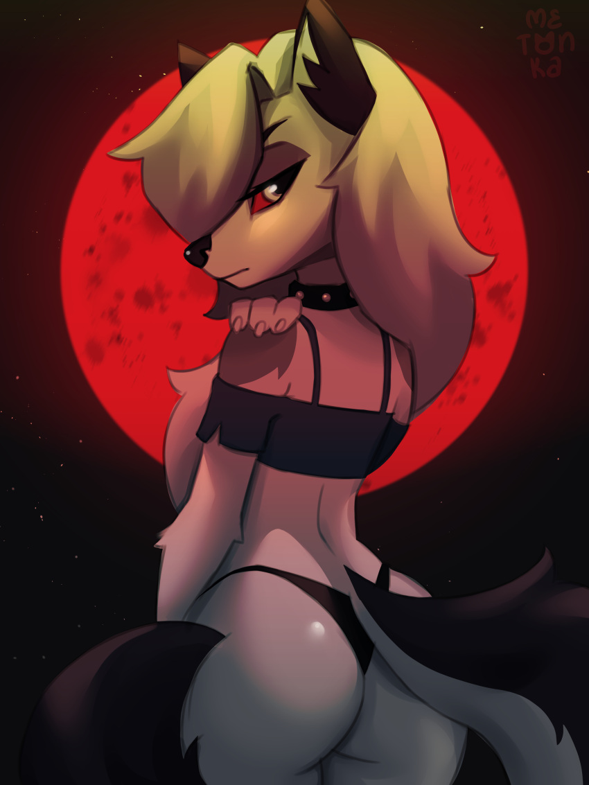 absurd_res anthro ass canid canine canis collar female goth helluva_boss hi_res loona_(helluva_boss) mammal metonka moon rear_view red_moon solo wolf