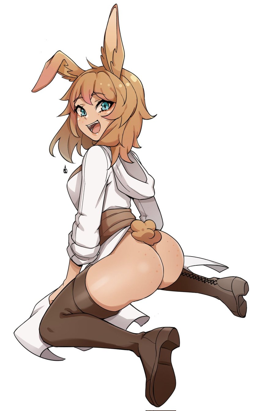 1girls 2d alternate_version_available anthro ass back_view blue_eyes bottomless brown_hair bunny_ears bunny_tail clothed_female female freckles freckles_on_ass furry hi_res hoodie knee_boots kneeling looking_at_viewer looking_back no_panties oninuer rabbit_girl rabbit_tail robe solo tail thigh_boots white_background