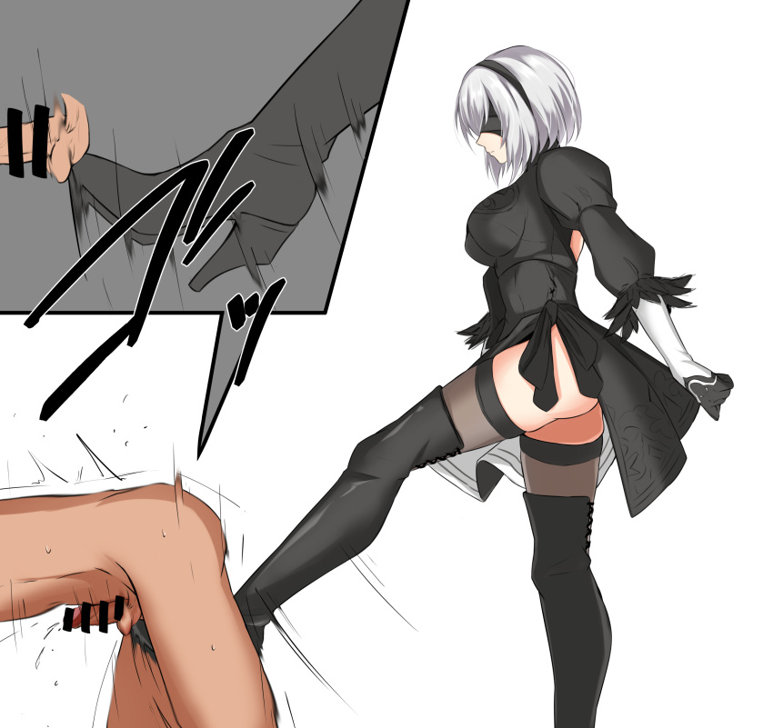 1boy ballbusting bar_censor black_dress black_footwear black_gloves black_hairband blindfold bondage boots breasts cbt censored clenched_hand crotch_kick dress female foot_out_of_frame from_side gloves hairband high_heel_boots high_heels highres juliet_sleeves kicking large_breasts long_sleeves malesub nier:_automata nier_(series) penis puffy_sleeves short_dress short_hair silver_hair standing standing_on_one_leg thigh_boots thighhighs thighs watarasera_piro white_background yorha_2b