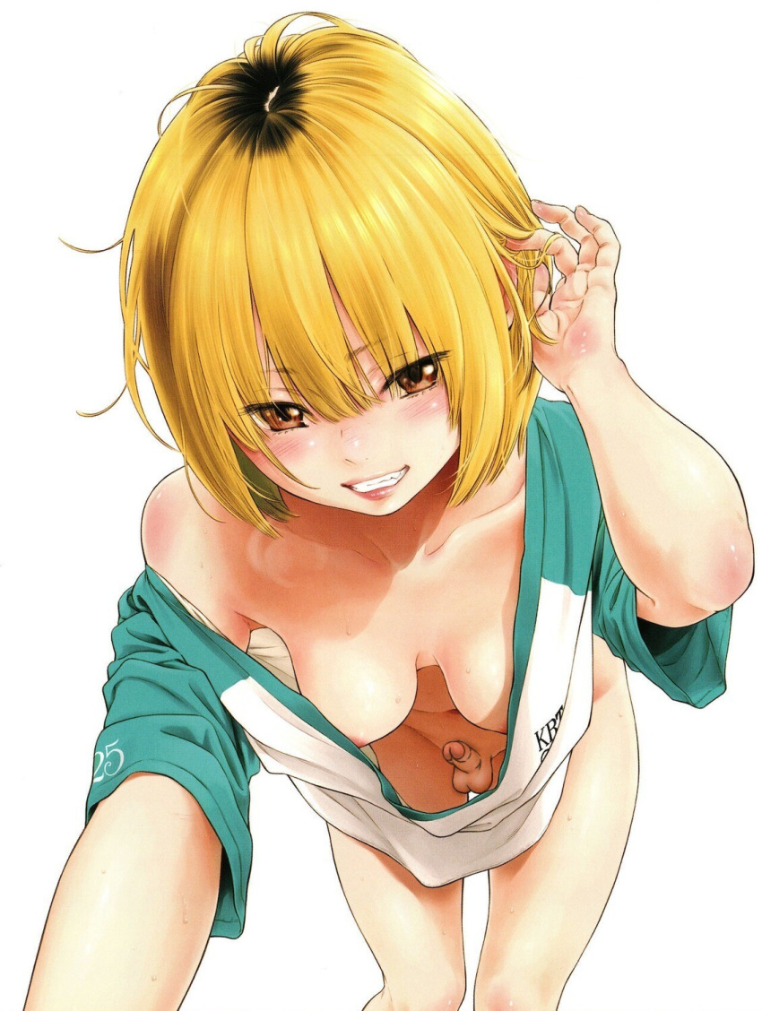 1futa amber_eyes anonfutashopper_(editor) areolae baggy_clothing baggy_shirt balls blonde_hair bottomless breasts clothed clothing edit edited erection erection_under_clothes futa_only futanari high-angle_view human key_(mangaka) light-skinned_futanari light_skin looking_at_viewer medium_breasts mostly_nude nipples pale_skin penis shirt small_penis smiling solo solo_futa third_party_edit