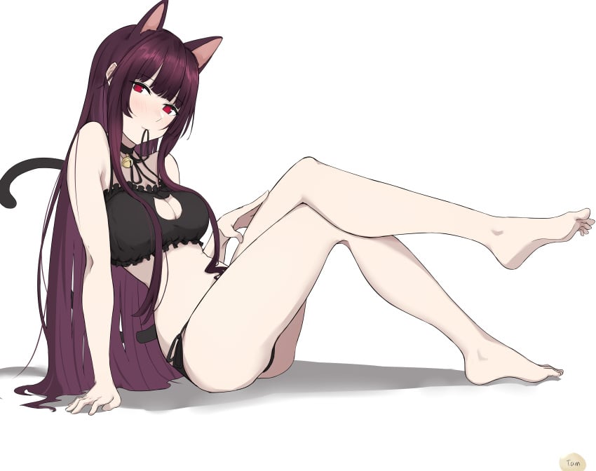 1girls absurdres animal_ears animal_tail bangs bare_legs bare_shoulders barefoot bell blunt_bangs blush breasts cat_cutout cat_ears cat_lingerie cat_tail choker cleavage clothing_cutout collar color crossed_legs eyebrows_visible_through_hair feet female female_only foot_up girls'_frontline hand_on_own_leg highres jingle_bell large_breasts legs light-skinned light-skinned_female light_skin lingerie long_hair looking_at_viewer meme_attire neck_bell purple_hair red_eyes shadow sitting smile solo solo_female solo_focus tail tamago_(eva1314056) thighs toes underwear very_long_hair wa2000_(girls'_frontline) white_background