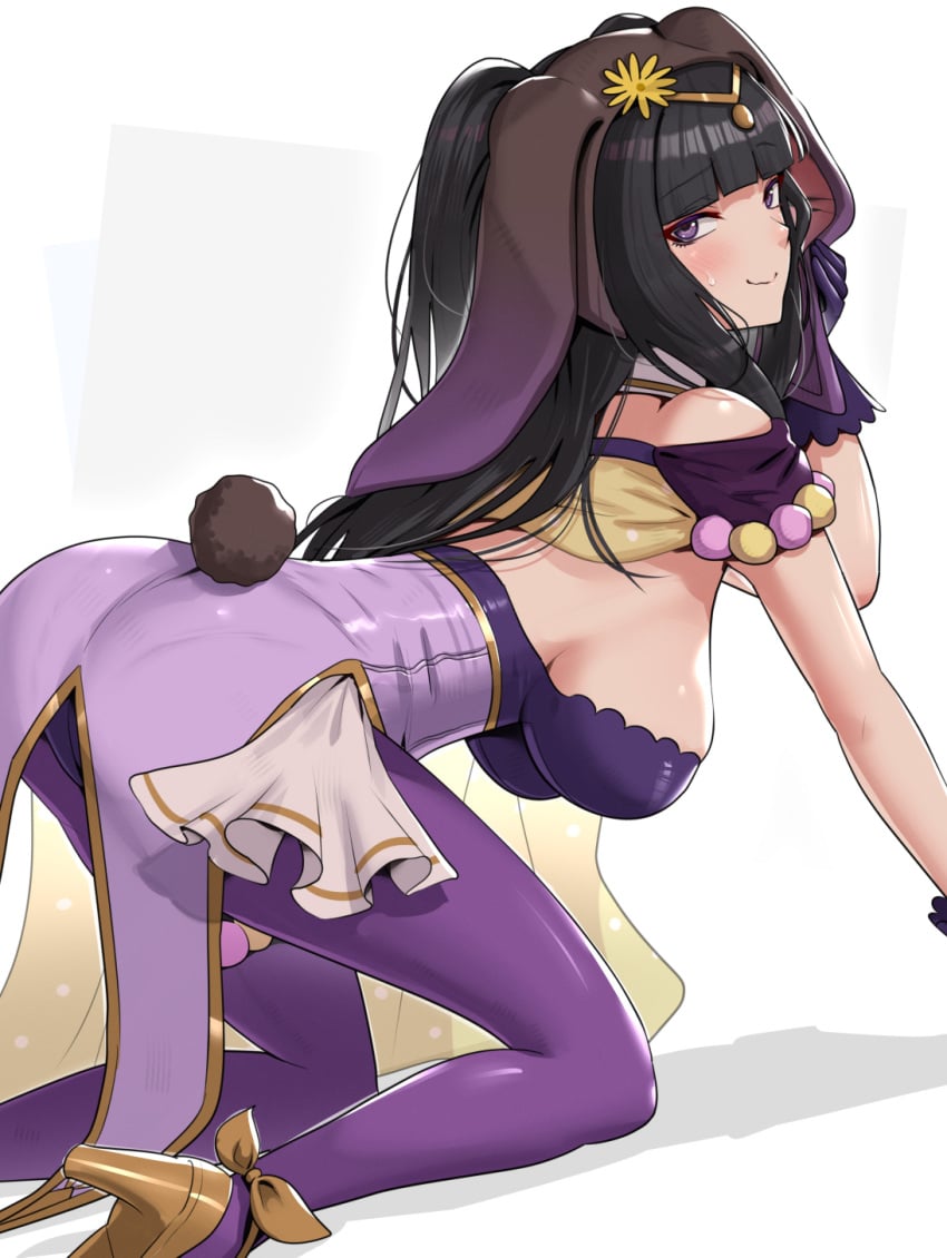 1girls alternate_costume animal_ears ass bare_shoulders black_hair blush breasts bunny_ears bunny_girl bunnysuit detached_collar embarrassed fake_animal_ears fake_tail female female_only fire_emblem fire_emblem_awakening fire_emblem_heroes gonzarez high_heels highres large_breasts leotard looking_at_viewer nervous nervous_smile nintendo official_alternate_costume pantyhose playboy_bunny purple_eyes purple_legwear purple_leotard rabbit_ears rabbit_tail sideboob simple_background solo strapless strapless_leotard sweat sweatdrop tail tharja_(fire_emblem) tharja_(spring)_(fire_emblem) wavy_mouth white_background