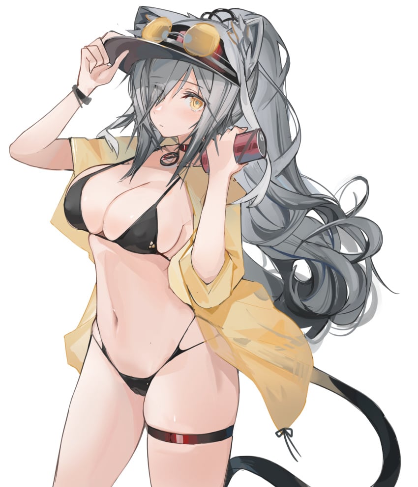 adjusting_clothes adjusting_headwear animal_ear_fluff animal_ears arknights bikini black_bikini black_headwear blush breasts cameltoe can cat_ears cat_girl cat_tail choker cleavage commentary covered_nipples cowboy_shot eyebrows_visible_through_hair eyes_visible_through_hair eyewear_on_head female female grey_hair hair_over_one_eye hand_on_headwear highres holding holding_can jacket large_breasts linea_alba long_hair looking_at_viewer midriff mikozin mole_on_stomach navel open_clothes open_jacket pendant_choker ponytail red_choker schwarz_(arknights) see-through simple_background skindentation solo strap_gap sunglasses swimsuit tail thigh_strap very_long_hair visor_cap white_background wristband yellow_jacket