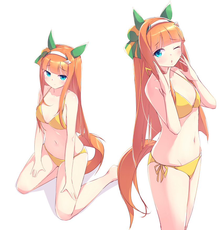 :o absurdres animal_ears bangs bare_arms bare_legs bare_shoulders barefoot bikini blue_eyes blush collarbone ear_covers female female flat_chest hairband hands_up highres horse_ears horse_girl horse_tail kanzakietc long_hair looking_at_viewer multiple_views navel one_eye_closed orange_hair raised_eyebrows side-tie_bikini silence_suzuka_(umamusume) sitting standing string_bikini swimsuit tail umamusume yellow_bikini yokozuwari