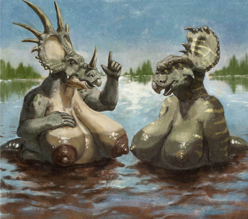 anthro beak big_breasts breasts ceratopsian dinosaur duo female female/female hi_res horn huge_breasts huge_nipples nude ornithischian reptile sagging_breasts scalie styracosaurus upai water